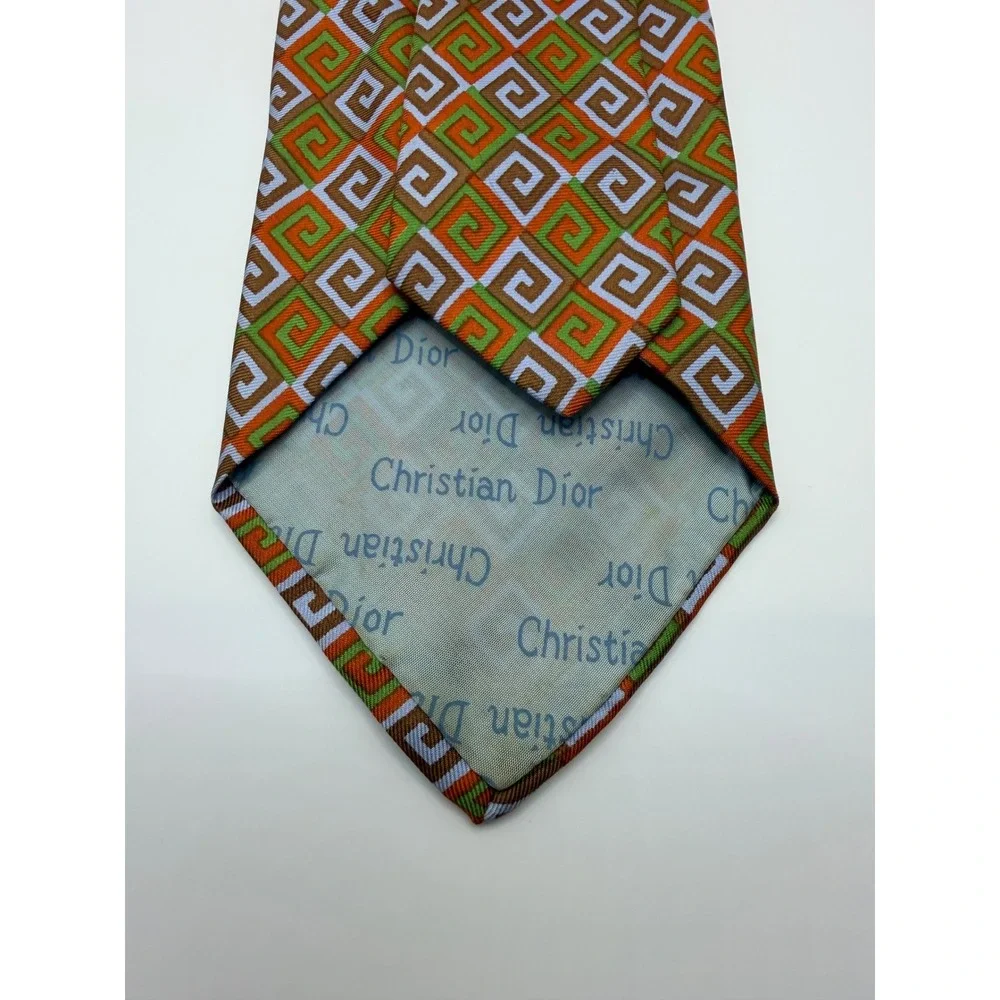 Christian Dior Mens Vintage Silk Tie Orange Green Geometric Greek Key 4 Inch
